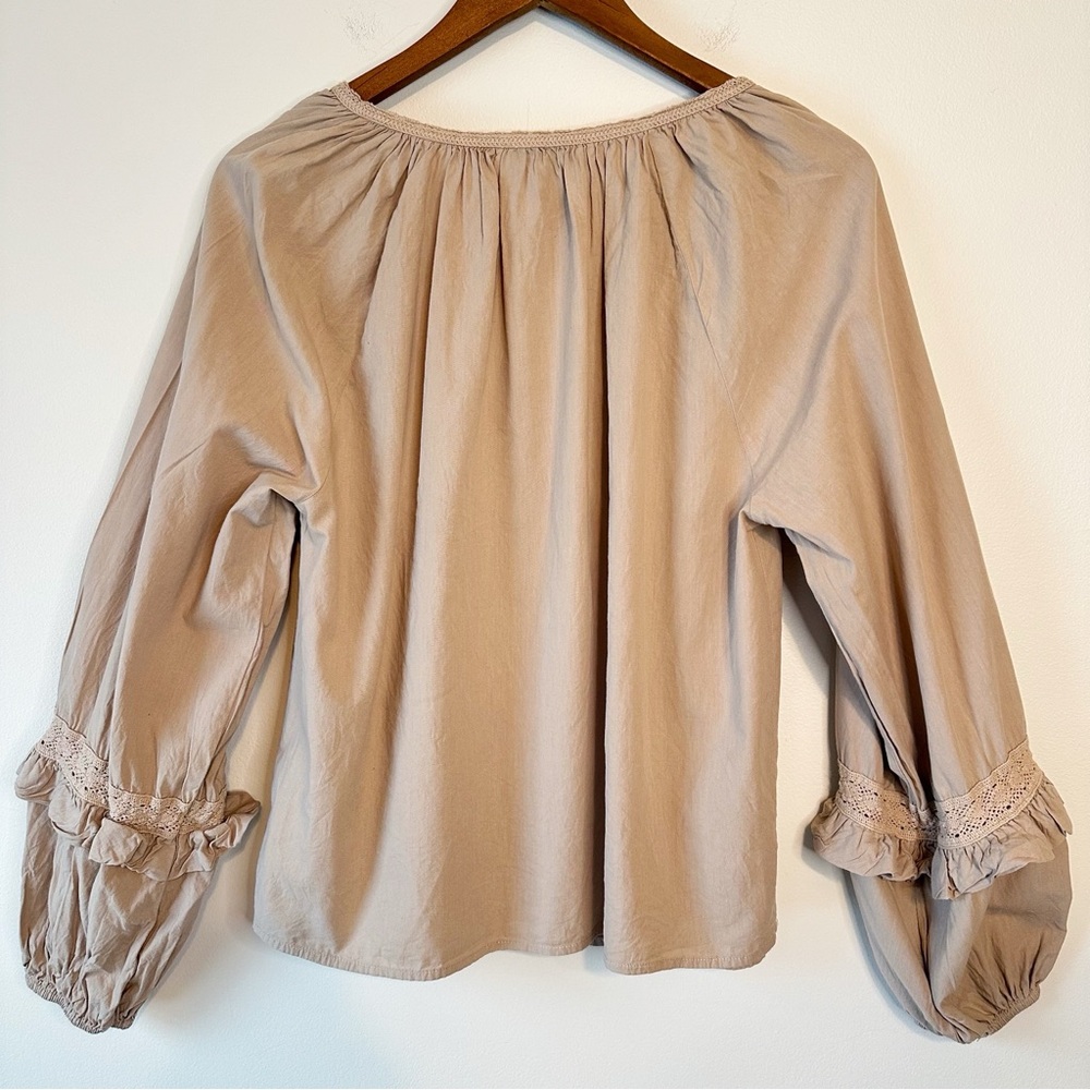 Evereve Elli Top Blouse Sandstone Poplin Blouson Crochet Balloon Sleeves, M - Picture 8 of 16